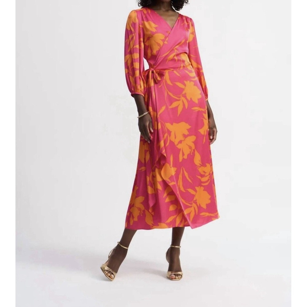Joseph Ribkoff Wrap Dress Womens 10 Pink Orange Floral Satin Midi Balloon Sleeve